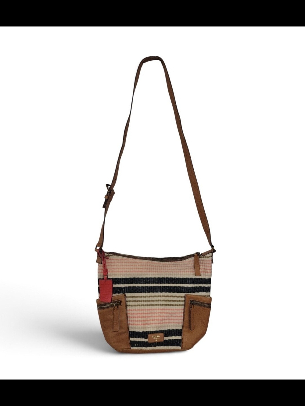 Fossil Pink, Black & Brown  Woven Striped With Genuine Leather Accents Crossbody